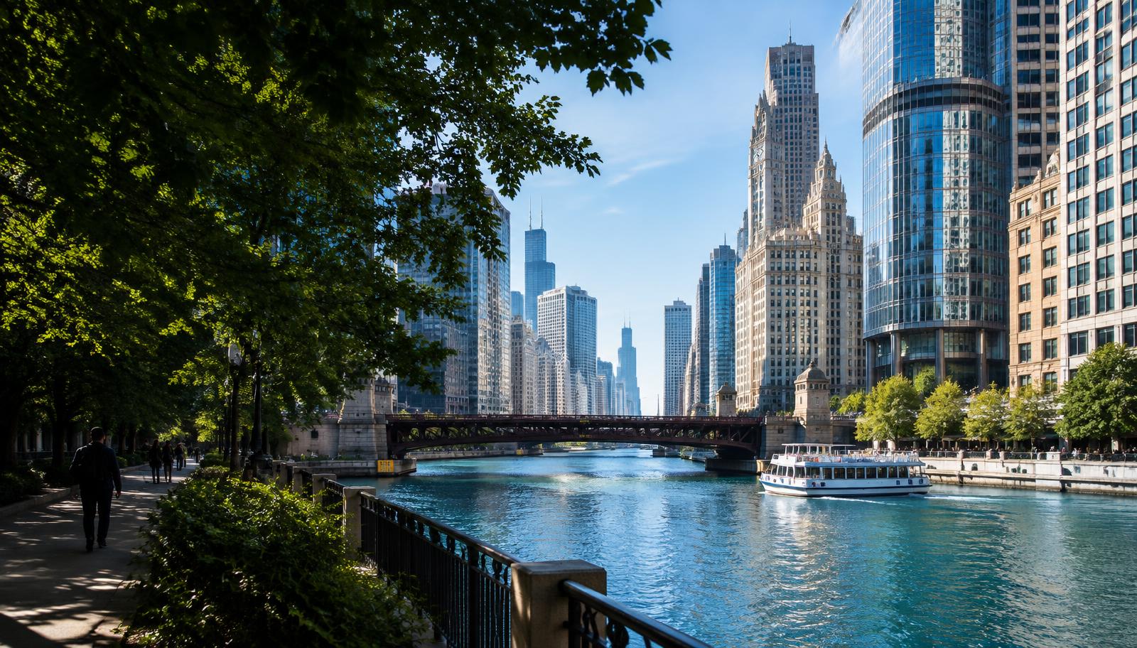 Chicago river and downtown neighborhoods on a sunny morning
